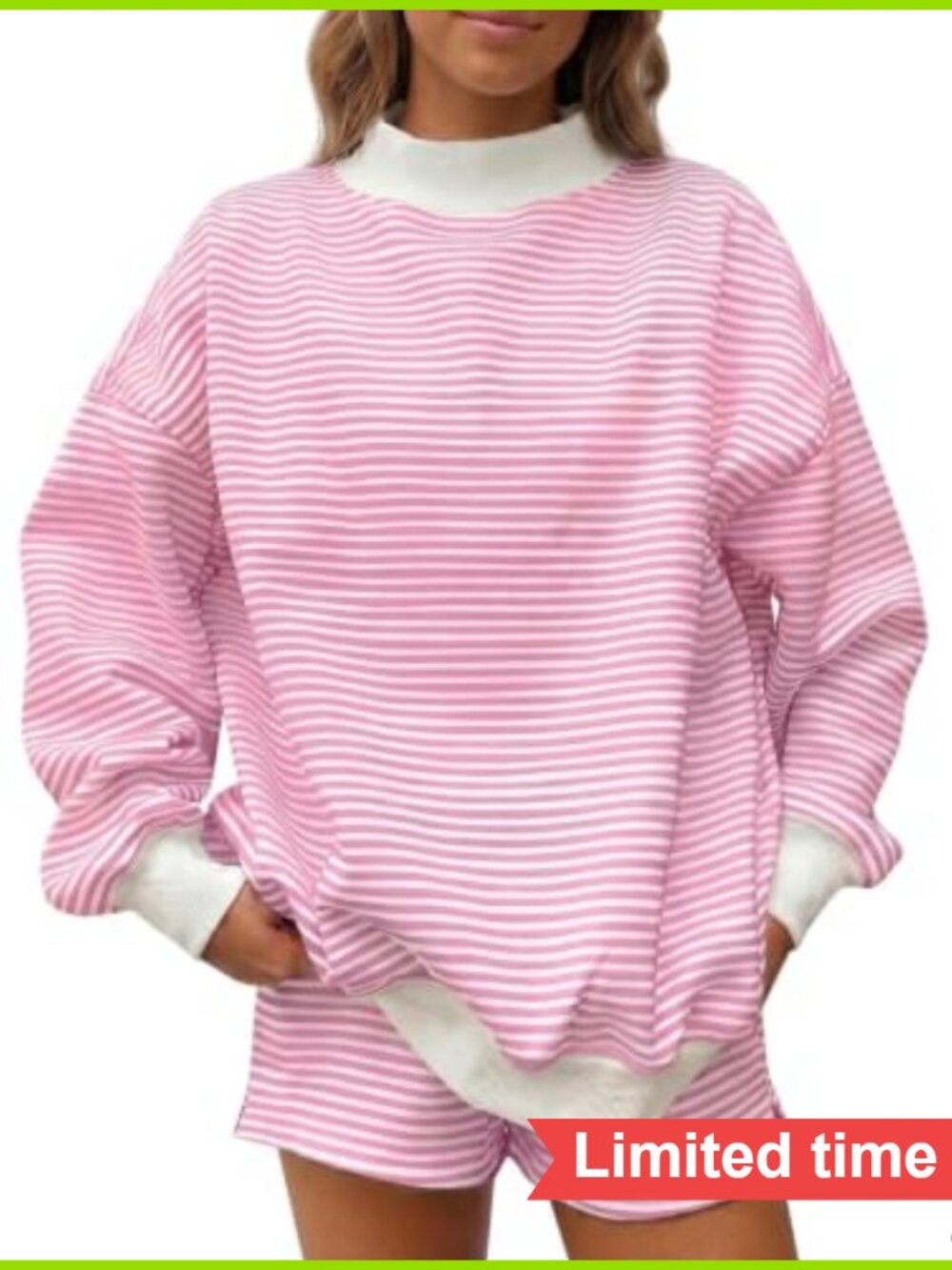 Striped 2 Piece Lounge Set Mock Neck Long Sleeve High Waisted Drawstring Shorts